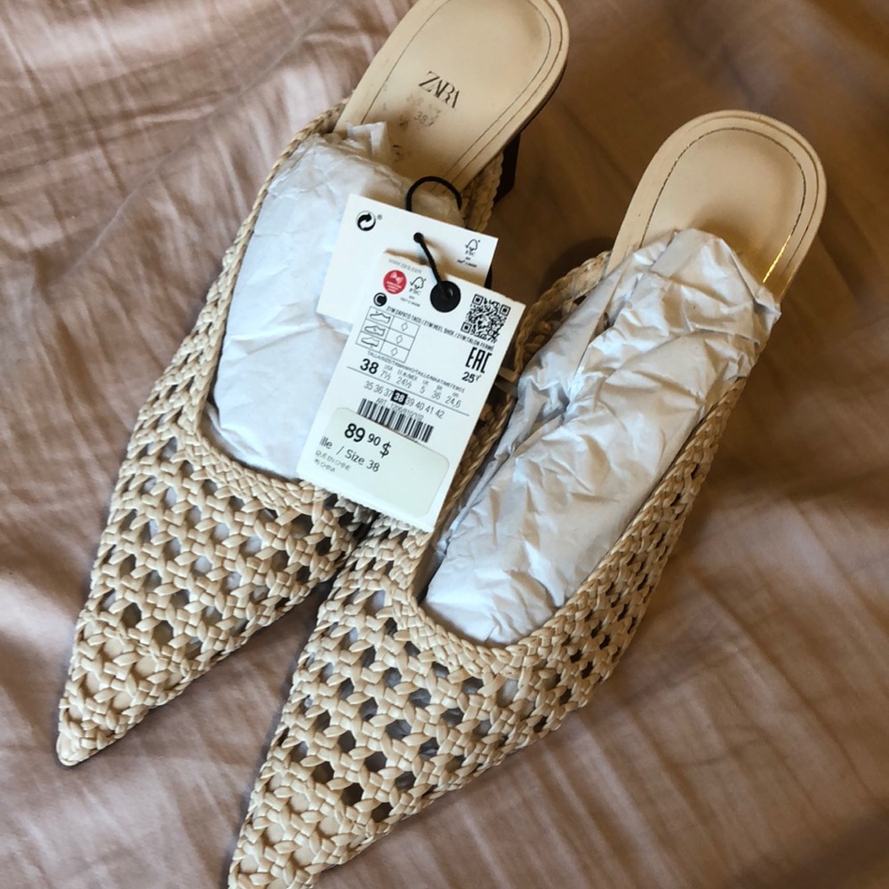 Zara Cream Woven Mules with Geometric Design